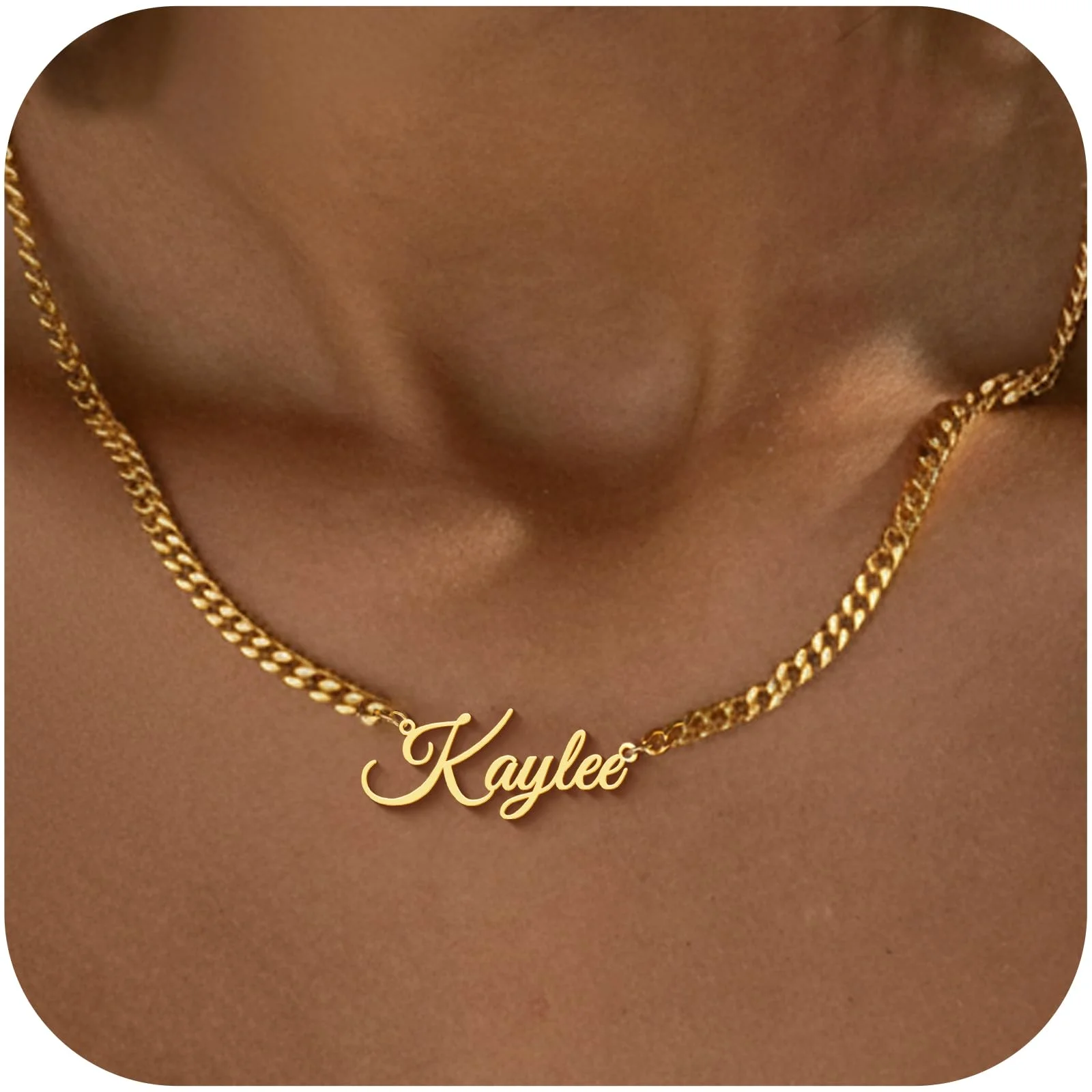 Yofair Gold plated name necklace on a curb chain