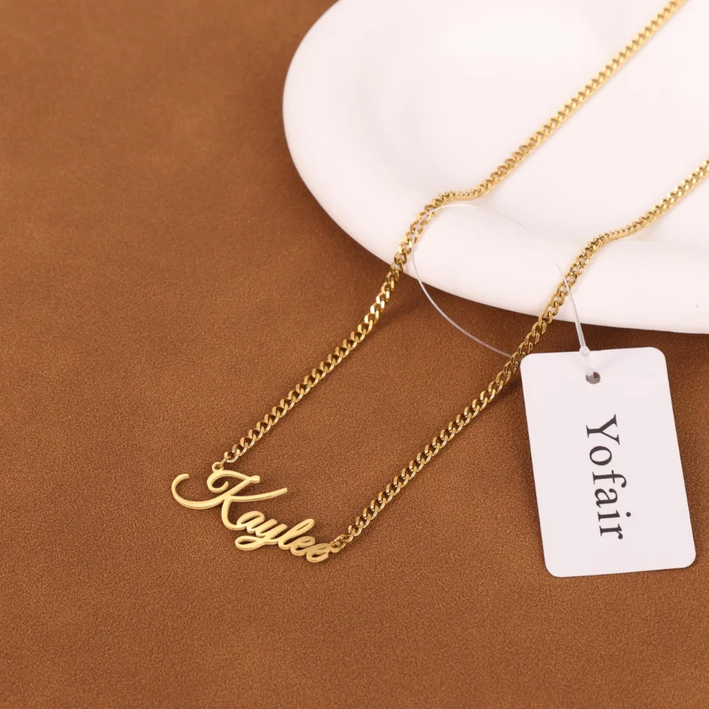 Yofair Gold plated name necklace on a curb chain, view 3