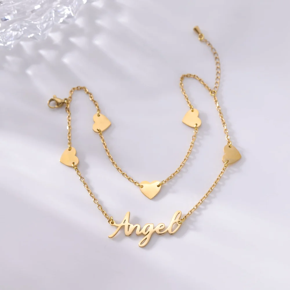 Yofair Name bracelet with hearts along the chain, view 3