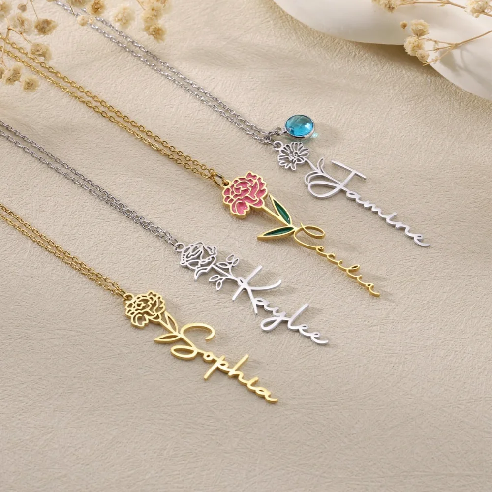 Yofair Gold plated birth flower name necklace, view 2