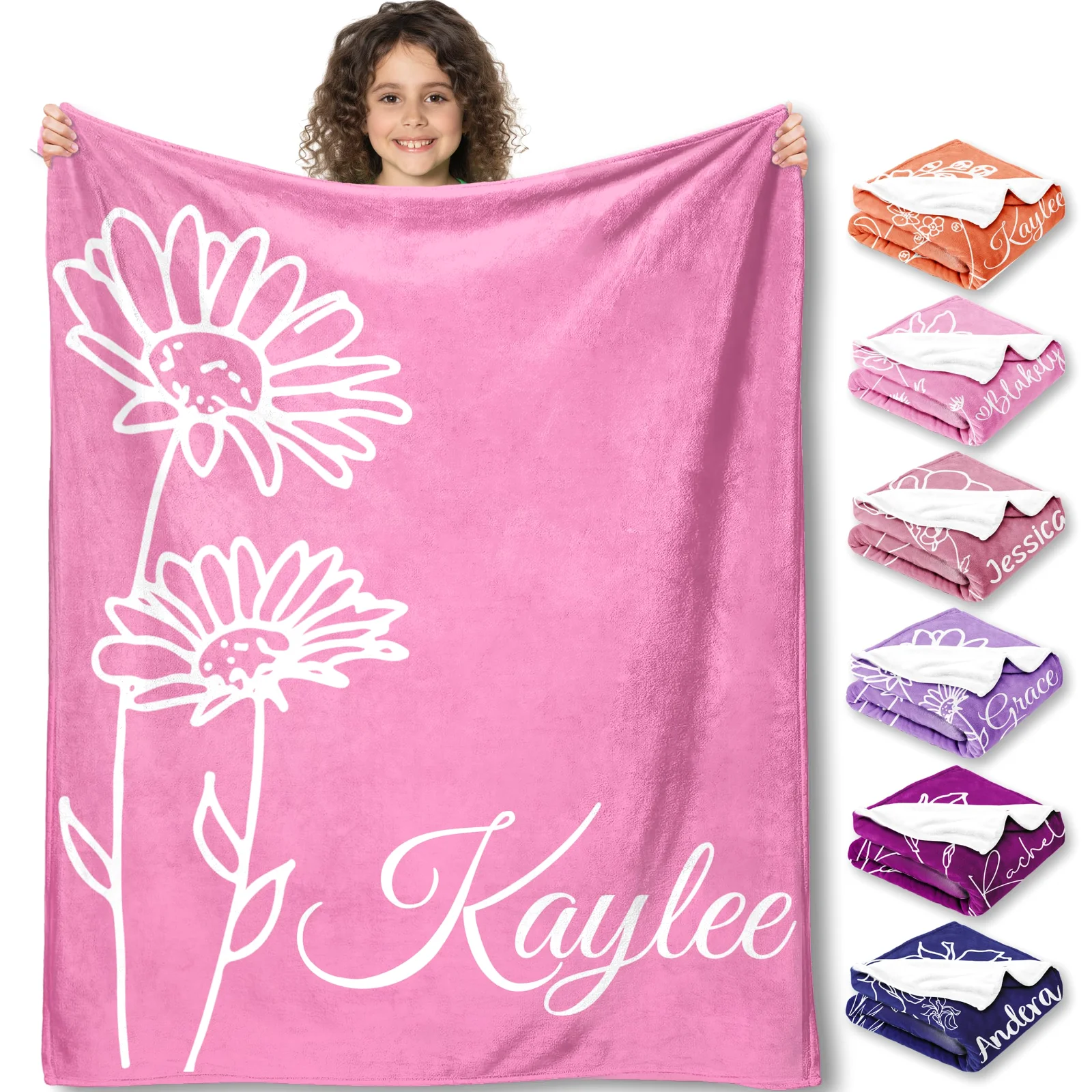 A pink flannel blanket held open by a girl, a daisy outline and a name printed across it, colour swatches down the right side
