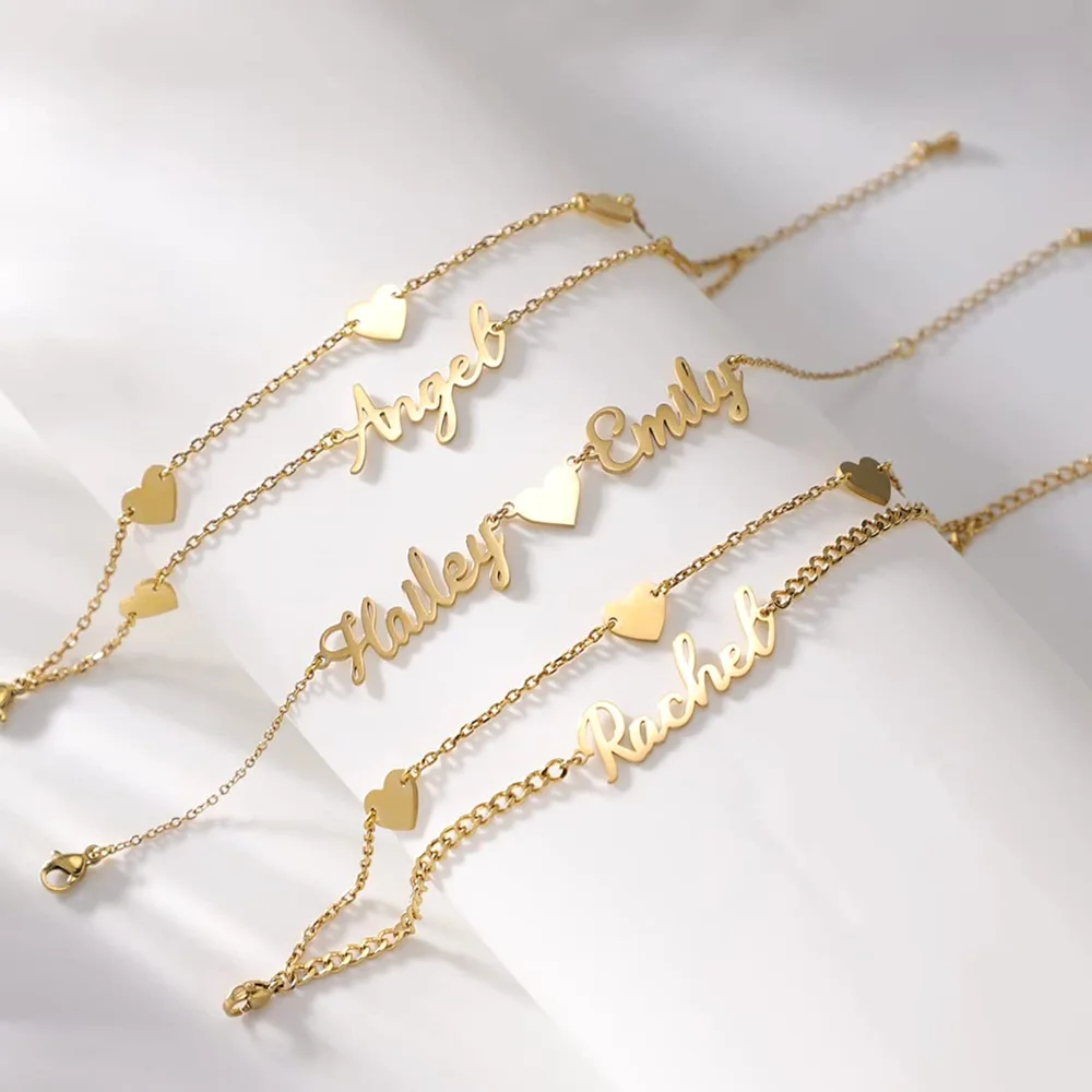 Yofair Name bracelet with hearts along the chain, view 4