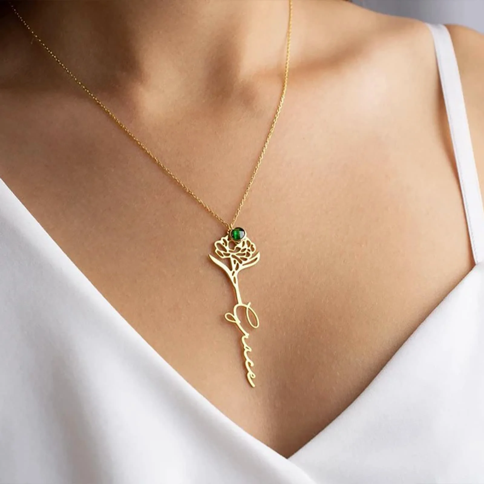Yofair Gold plated birth flower name necklace, view 4